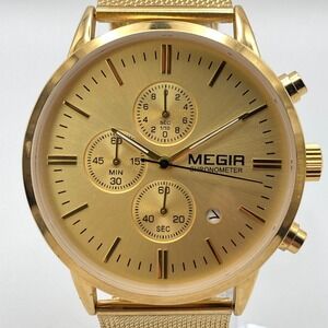Megir Men's Chronograph Watch 43mm Gold Tone Date Mesh Band WR New Battery
